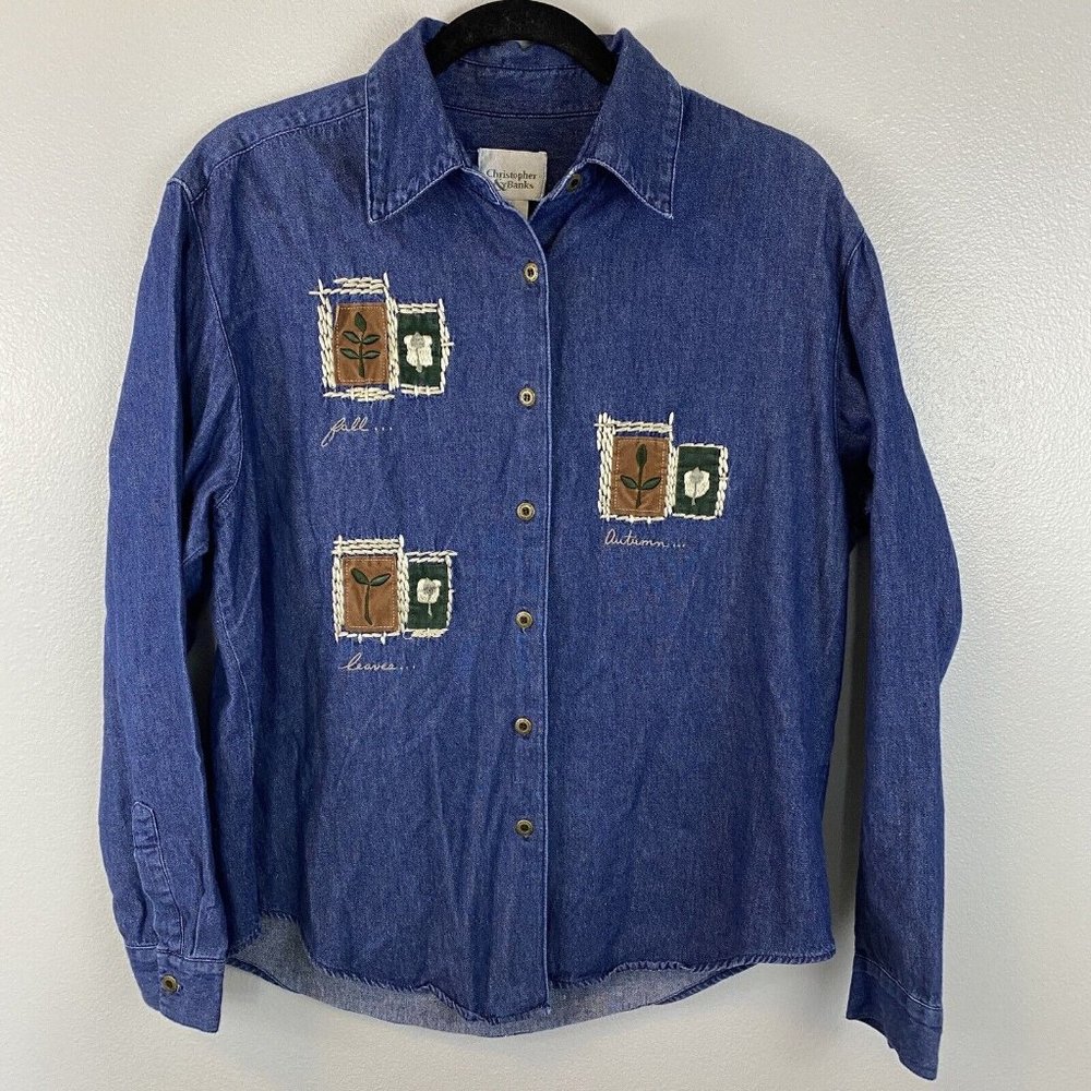 Christopher & Banks Denim Chambray Womens Button Sleeve Cotton Fall Patches Sz M
